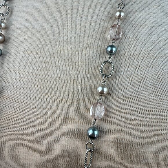 Premier Designs Gray, Clear & Silver Tone Bead Chain Link Necklace 48" - Picture 3 of 8